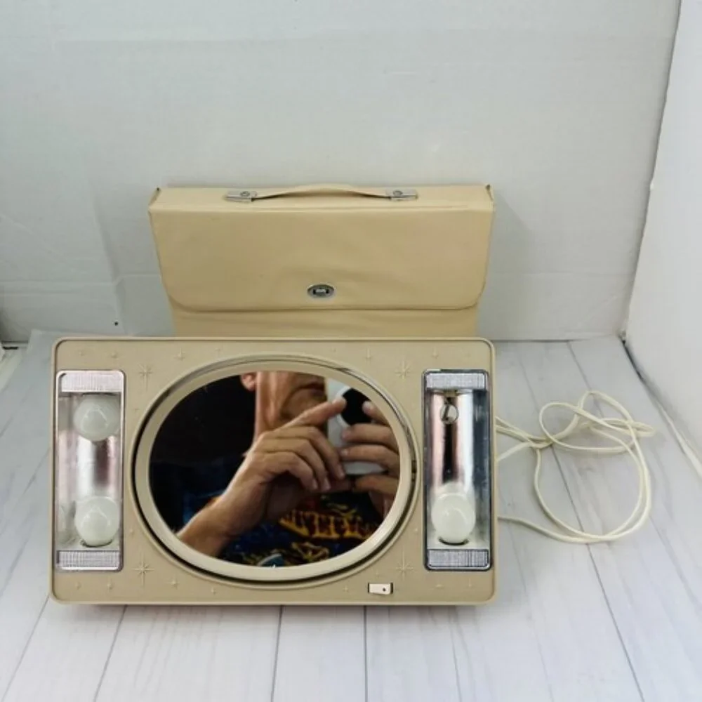 Vintage Beige Lighted Makeup Magnifying Mirror Starburst Glam Kitsch